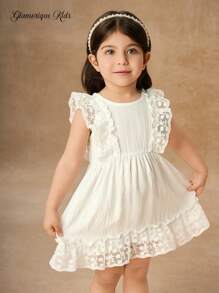 SHEIN Glamorique Kids Đầm ren tương phản cổ tròn dễ thương cho bé gái mùa xuân/hè mới, thoải mái và thời trang, thiết kế tối giản - trắng - Xem 4