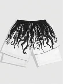 ROMWE MEN Goth Men's Octopus Printed Drawstring Waist Dual Layer Shorts - Multicolor - View 1