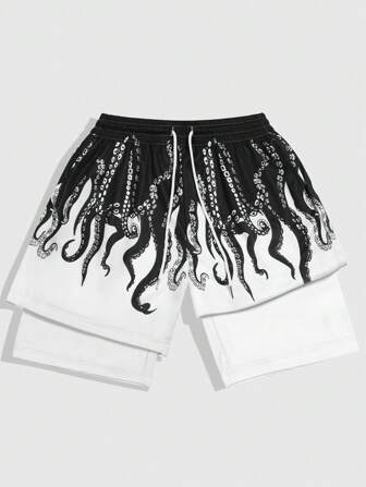 Anime Pantaloncini da uomo con vita regolabile e doppio strato, con stampa di polpo