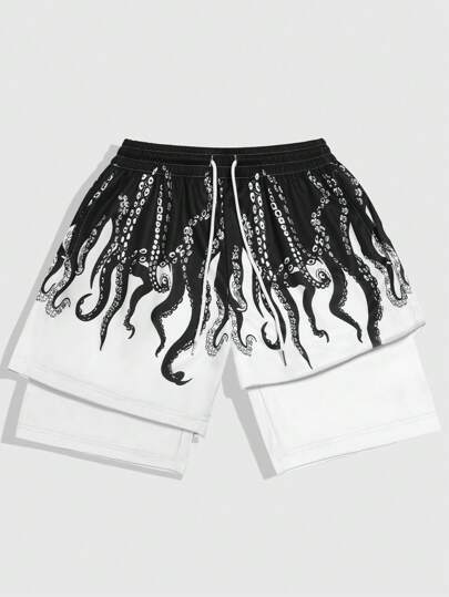 Anime سروال قصير رجالي من طبقتين مزين بطبعة بحبوب البحر مع رباط للخصر