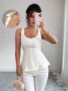 Elenzga Top camiseta elegante y chic de uso en resort con cuello cuadrado de tela jacquard texturizada en color albaricoque y amarillo crema, tirantes ajustables, decoración con lazo, abotonadura sencilla, volantes en la cintura alta, y dobladillo en línea A