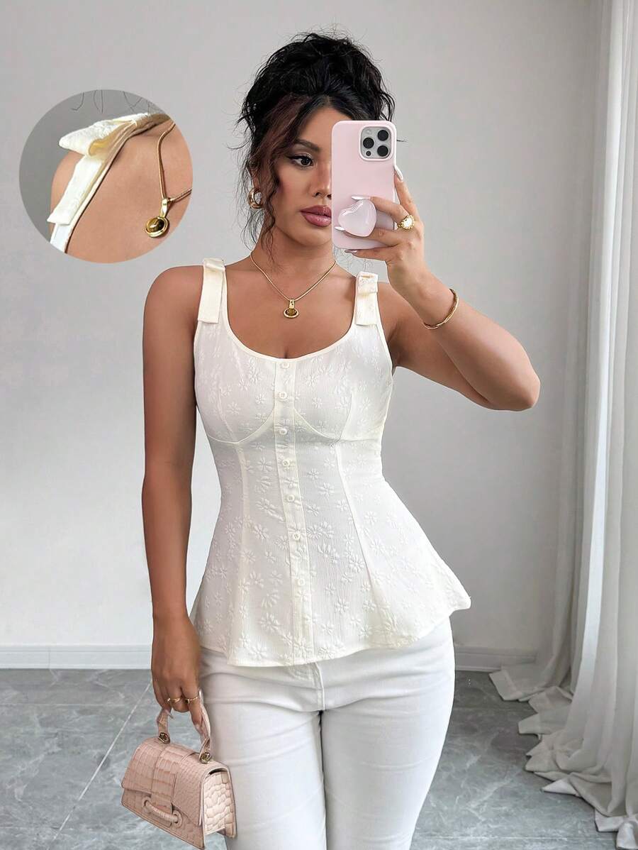 Elenzga Top camiseta elegante y chic de uso en resort con cuello cuadrado de tela jacquard texturizada en color albaricoque y amarillo crema, tirantes ajustables, decoración con lazo, abotonadura sencilla, volantes en la cintura alta, y dobladillo en línea A