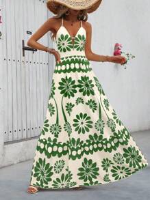 Breezaya 女式度假休闲交叉后背吊带连衣裙，全身印花图案