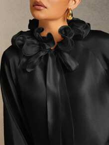 Hauture Blusa de manga larga de vestir elegante con cuello de corbata plisado de unicolor - Negro - Ver 6