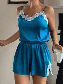 DAZY Ladies' Satin Lace Patchwork Camisole & Shorts Pajama Set, Romantic - Royal Blue - View 5