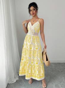 Chiquease 女士时尚休闲蓝白碎花细肩带连衣裙，春季