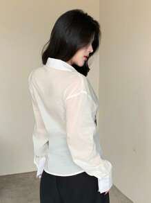 DAZY Women's V-Neck Twist Long Sleeve Semi-Sheer City Casual Blouse, Summer - White - View 4