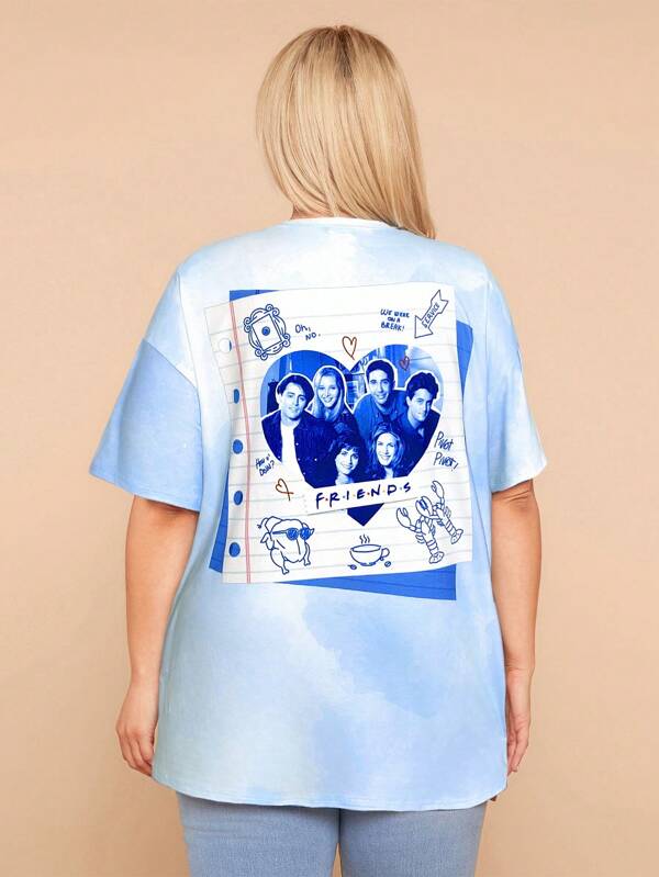 FRIENDS X SHEIN Elena Ilustra Plus Size Minimalist Graphic Print Round Neck Short Sleeve T-Shirt, Summer