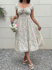 Sunnyshic Váy midi họa tiết hoa ngọt ngào cỡ lớn cho kỳ nghỉ dành cho nữ - Nhiều màu - Xem 4