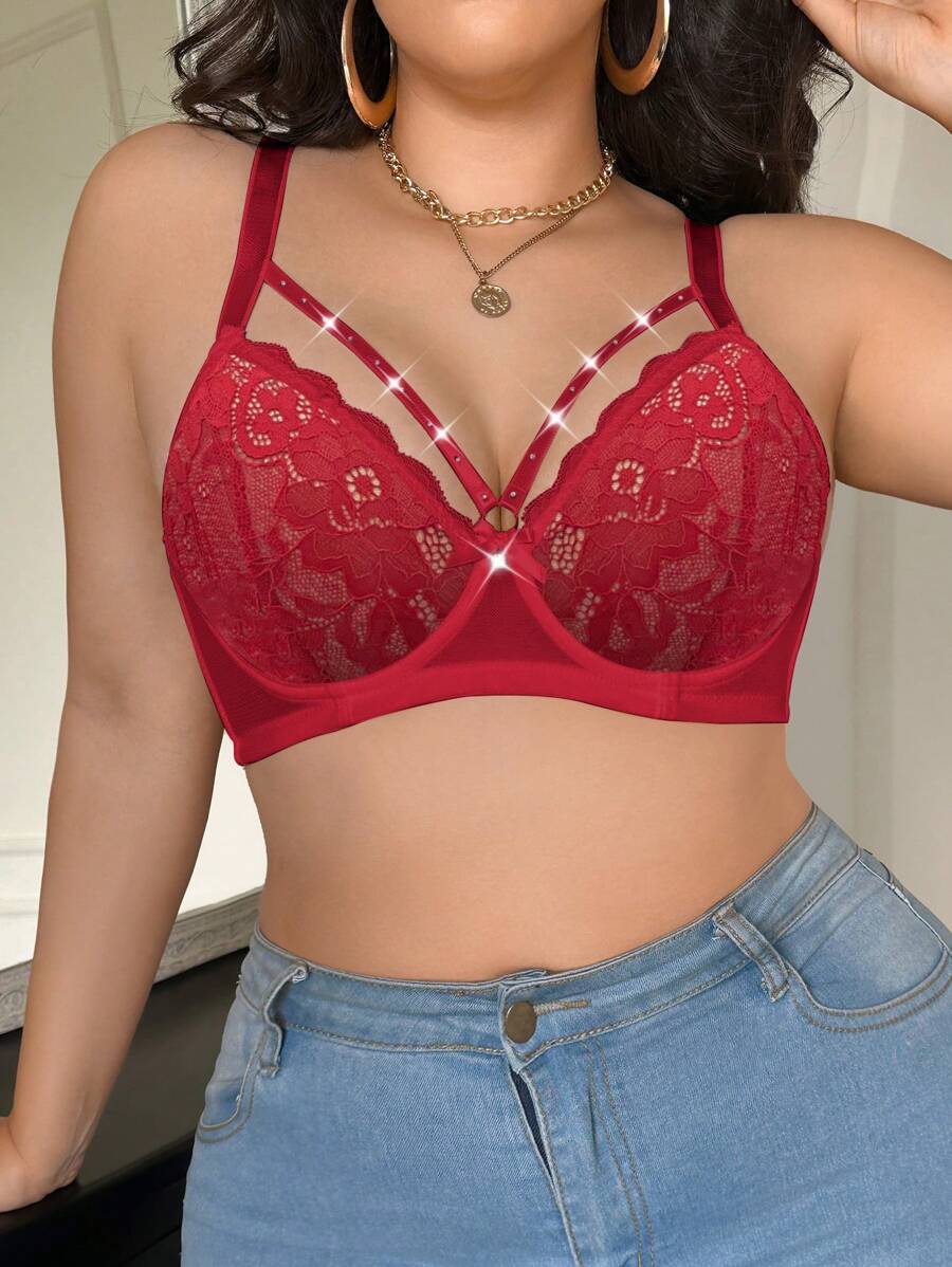 1pc Plus Size Women Lace Push Up Underwire Bra - Red - View 1