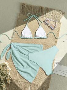 Bộ 3 món: Bộ đồ bơi bikini buộc dây màu trơn gợi cảm dành cho nữ + váy che phủ phù hợp cho kỳ nghỉ hè trên bãi biển - Màu xanh nhạt - Xem 2