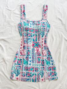 Soleia 度假海星和贝壳印花 V 领露背迷你连衣裙，适合音乐节、波西米亚风、假日、情人节约会和下午茶