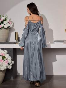 Modelyn 女式优雅长款闪亮丝带系带飘逸连衣裙 - 灰藍色 - 查看 2
