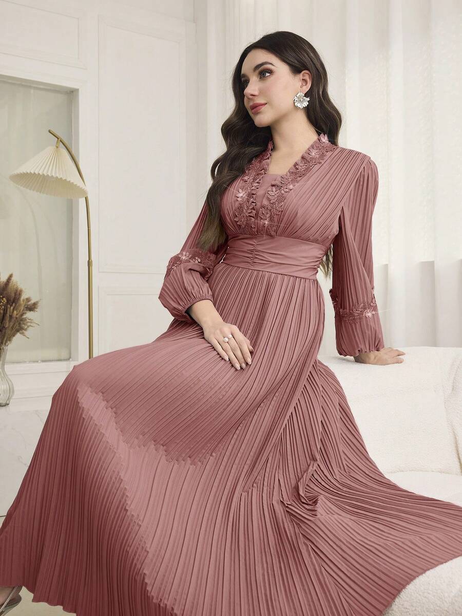 Modelyn Váy chữ A xếp ly tay bồng thanh lịch cho nữ - Bụi hồng - Xem 1