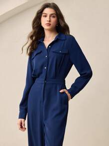 BizChic Traje de una pieza de manga larga con estilo de ropa de trabajo independiente americana retro de los 90, adecuado para invitados de boda, festivales de música country, brunch, aeropuerto, resorts playeros y negocios casuales, nueva colección verano 2025 para mujeres - Azul Marino - Ver 7