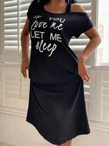 SHEIN 休闲不对称露肩英文标语印花超柔软舒适牛奶丝针织女士睡衣连衣裙，Moo Moo - 黑色 - 查看 4