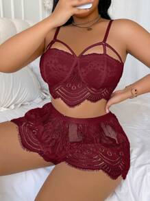 Sexy Große Größen Spitzen-Bralette-Top und Cut Out Spitzen-Shorts Set, verführerische Dessous - Bordeaux - Übersicht 4