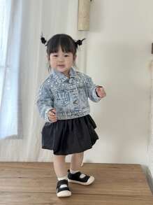 SHEIN Baby Girl White Pearl Blue Denim Lapel Long-Sleeved Short Jacket,Spring And Summer Casual Vacation Country Boho Wear Fall Winter - Light Wash - View 3