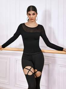 Menodora SHEIN Sport Women's Solid Color Mesh Panel Long Sleeve Sports T-Shirt Polewear - Black - View 3