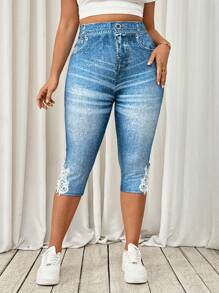 SHEIN Tall CURVE Plus Size Jean Print Lace Trim Leggings Women S Clothes Woman S Summer Clothes Women S Bottoms