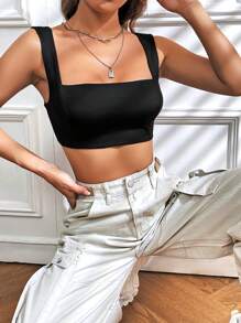 SHEIN EZwear Solid Crop Tank Top - Black - View 6