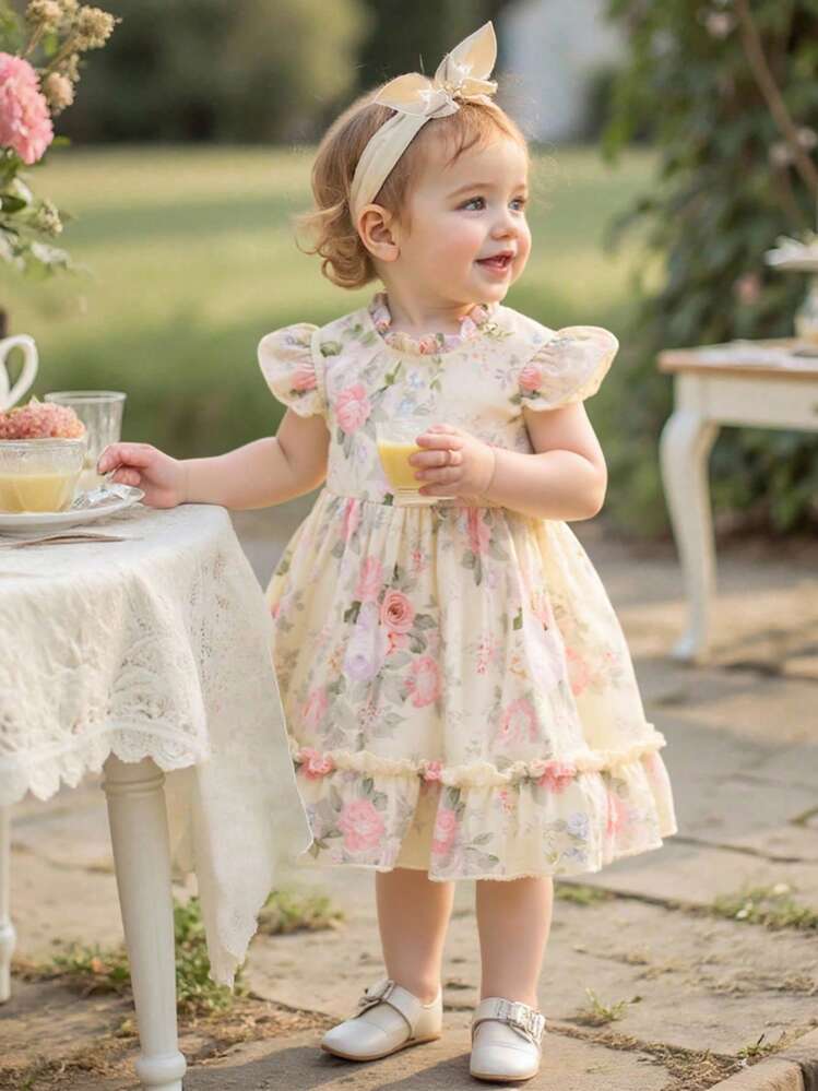Elladie kids فستان ذو طبعة وردة مكشكش من الشيفون بدون أكمام للبنات الصغار، بسحاب خلفي، طراز أميرة جميل، متعدد الاستخدامات للاستخدام اليومي والعمل - لون مشمشي - مشاهدة 3