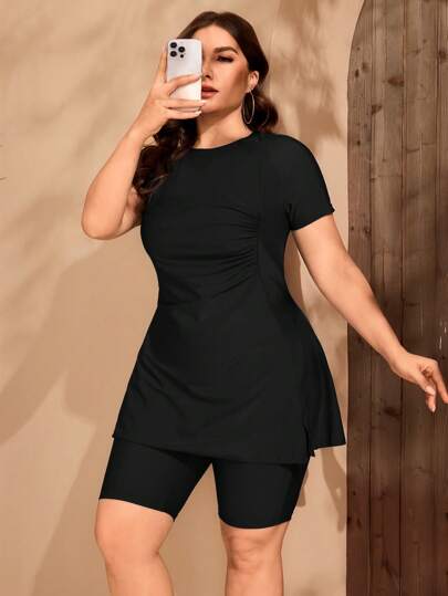 Swim Mulvari Women Plus Size Slate Blue Frill Trim Tankini Split Burkini For Summer Beach Vacation