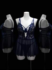 SHEIN Plus Size 2pcs Set: Elegant Lace Splice Sheer Mesh Hollow Out Dress & G-String Panties - Navy Blue - View 7