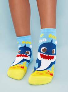 BABY SHARK X SHEIN 3双儿童纯棉可爱卡通海洋图案袜子，加固脚趾和脚跟，耐磨，适合男孩和女孩，适合上学和日常穿着，所有季节 - 彩色 - 查看 7