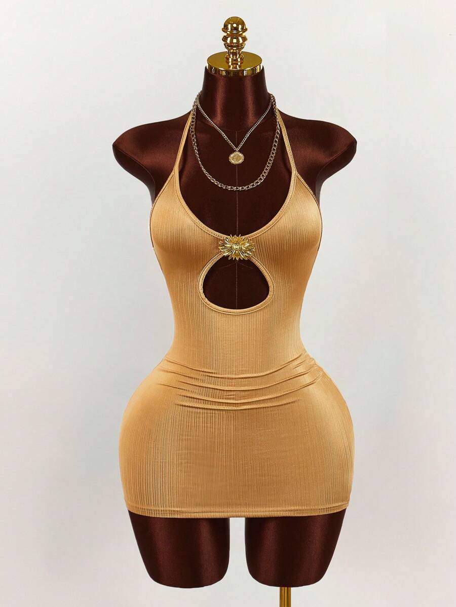 Amplova 2025新款休闲性感低胸镂空迷你连衣裙，带纹理褶皱，女士适用 - 金色 - 查看 1