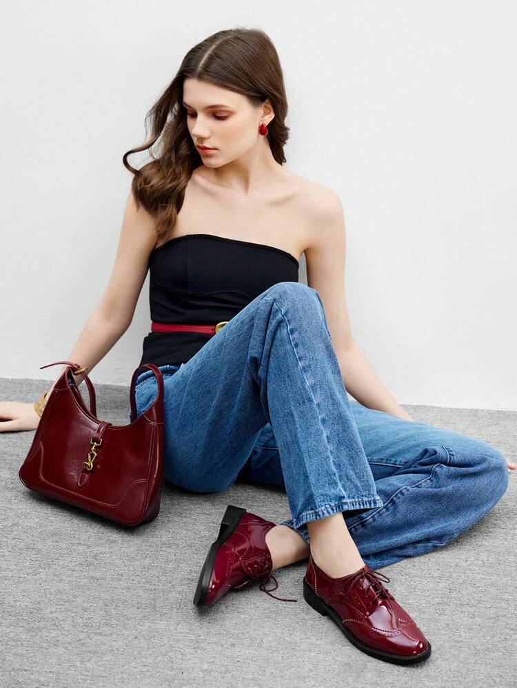 CUCCOO BIZCHIC Round Toe Flat Bordo Retro Brogue Lace-Up Oxford Loafers, Casual Work Shoes For Women For Christmas