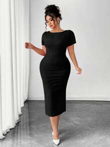 Elenzga Plus Size Summer Elegant Solid Color Ruched Back Button Hem Dress