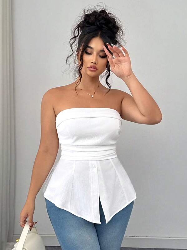 Elenzga Plus Size Women Strapless Textured Knitted Tube Peplum Top, Back Drawstring Design, Fashionable Casual Sexy Blouse, Suitable For Spring Summer Wear