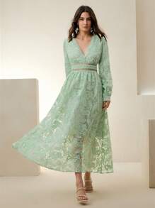 Anewsta 女士优雅别致 V 领修身腰部半透明孔眼刺绣长袖连衣裙，适合春夏季、约会、节日、毕业典礼 - 綠色 - 查看 5