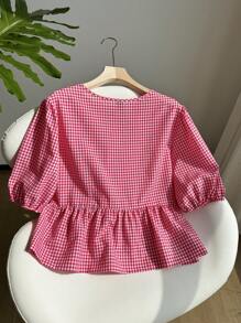 Comfortcana Plus Size Women's Summer Casual Plaid Printed Puff Sleeve Bowknot Peplum Top