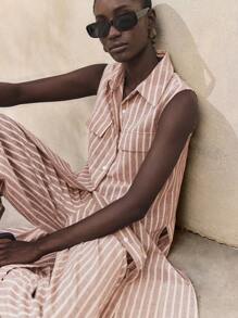 Ontre 2025 新款亚麻混纺休闲裤，复古风格，条纹面料，松紧腰带，真口袋，女式全长裤，卷边裤脚，适合日常穿着，秋季，商务休闲 - 紅色 - 查看 10