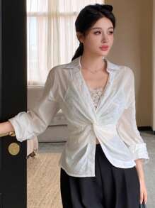 DAZY Women's V-Neck Twist Long Sleeve Semi-Sheer City Casual Blouse, Summer - White - View 3