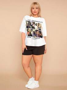 FRIENDS X SHEIN Mystic heart Camiseta casual de talla grande de verano con estampado gráfico de texto