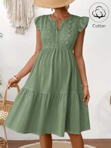 SHEIN Maternity Contrast Lace Cap Sleeve Elegant Dress - Green - View 1