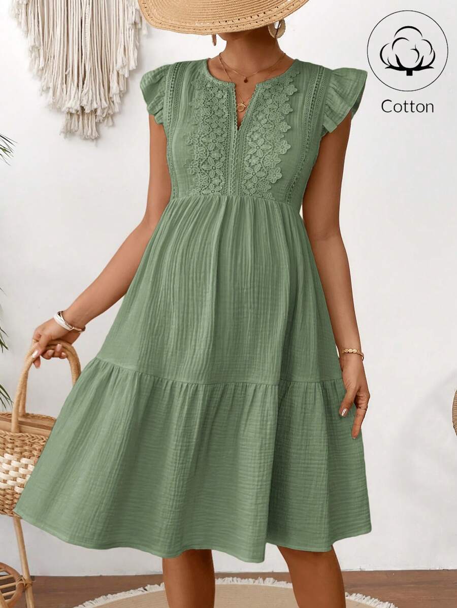 SHEIN Maternity Contrast Lace Cap Sleeve Elegant Dress - Green - View 1