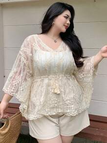 Dazy Plus V领蕾丝半透明套头衫，夏季度假风格 - 杏色 - 查看 7