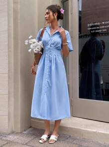 Serisse Robe mi-mollet à manches courtes avec taille cintrée, rayures bleu et blanc classiques pour femmes