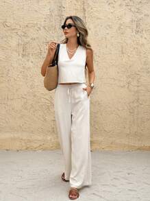 SHEIN Frenchy 女士两件套度假休闲纯色背心和裤子 - 杏色 - 查看 6