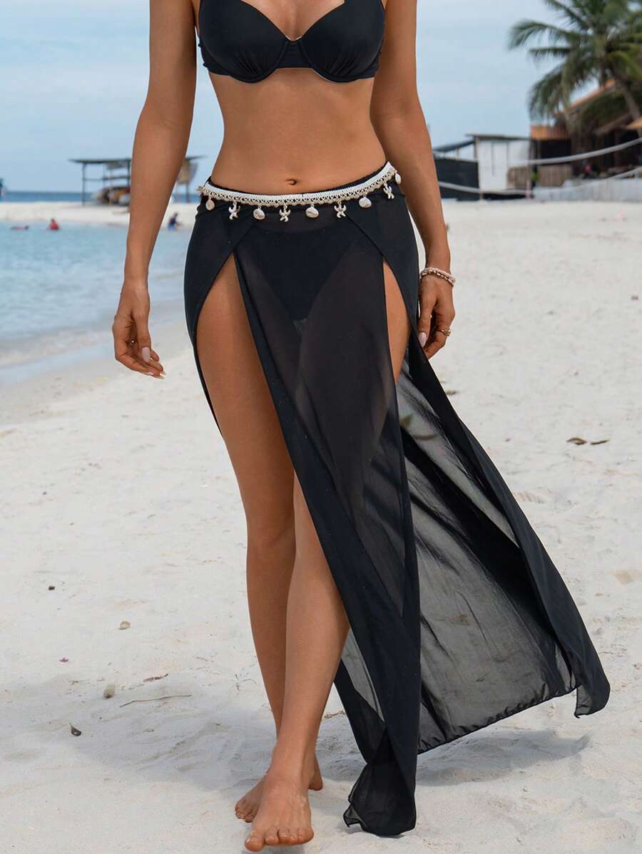 Swim Vcay 女士夏季海滩度假高开衩网眼裙 + 时尚贝壳与海星装饰面料腰带 - 黑色 - 查看 1