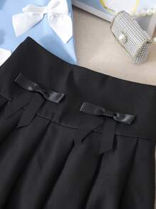 2pcs/Set Tween Girl Woven Solid Color Cute Bow Decor Sleeveless Top & Bow Decor Pleated Mini Skirt, French Elegant Fashion Set, Suitable For Graduation Party, Birthday Gathering - Baby Blue - View 3