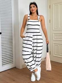 SHEIN EZwear Quần yếm vải nỉ co giãn sọc đen trắng cỡ lớn - Đen và trắng - Xem 6