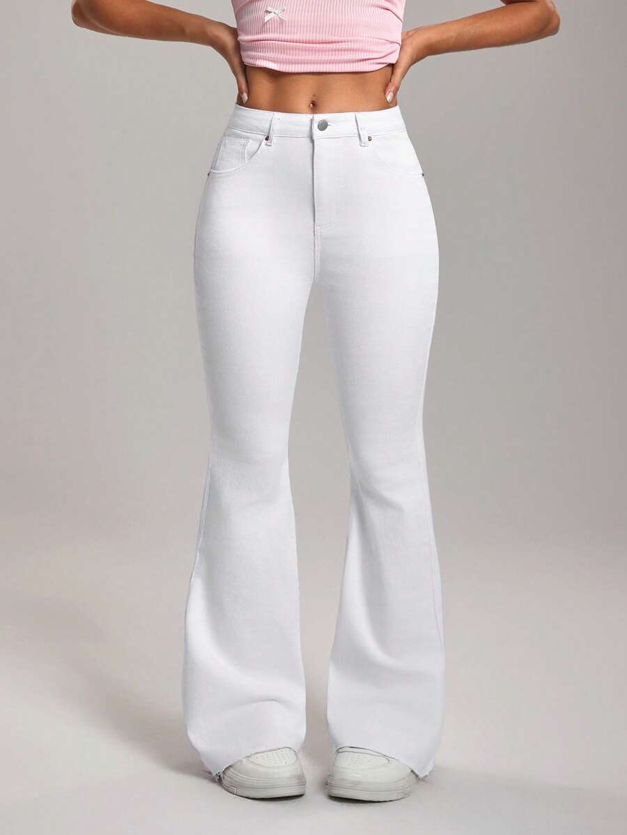 SHEIN Tall Women's Casual Versatile Solid Color Fitted White Flare Jeans - White - View 1
