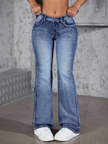 Jeanoix 女式超低腰刺绣喇叭牛仔裤