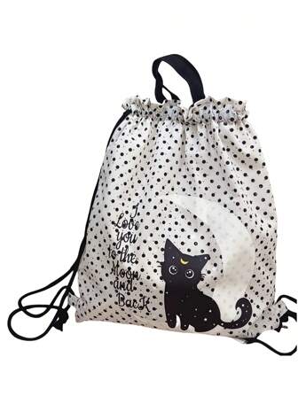Anime Sac à dos à cordon vintage imprimé chat lune à pois, grande capacité et multifonctionnel. Style mignon et doux, convient pour le campus, les voyages, les sorties, les courses, la photographie