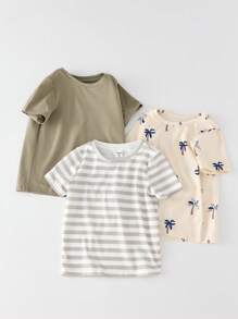 3 件套儿童男童休闲日常度假百搭舒适纯色、条纹和椰子树印花圆领宽松短袖针织 T 恤 3 种款式，适合学校、花园、海滩、生日、春季、夏季、秋季、冬季 - 彩色 - 查看 4